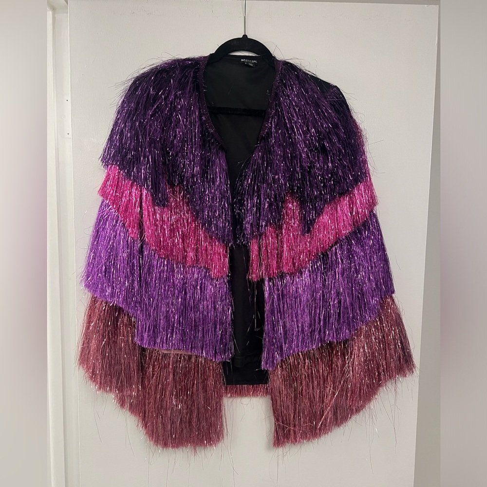Nasty Gal metallic tiered tinsel fringe open front jacket